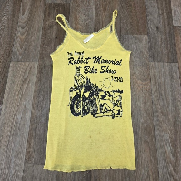 Tops - Vintage 1983 Rabbit Memorial Bike Show Yellow Graphic Lace Camisole Tank XL